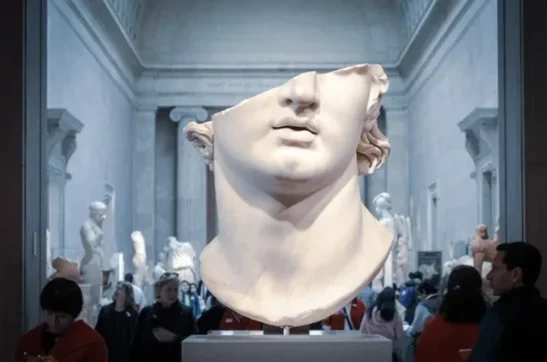 Marble sculpture displayed inside a major Athens museum, located just a short walk from Hellenic Vibes Smart Hotel, surrounded by classical artworks and architectural details Smart hotel in Athens, hotel near Monastiraki, hotel near Acropolis, hotel near museums, Hellenic Vibes Smart hotel